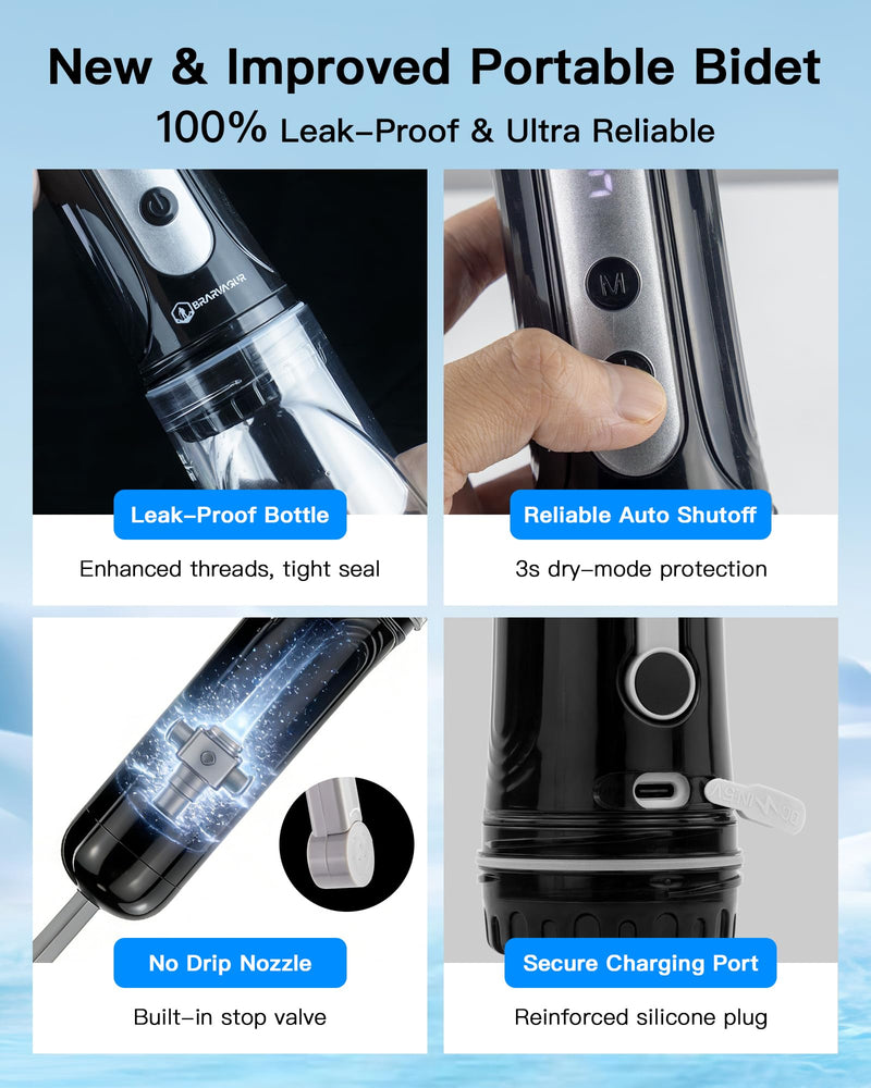 Portable Bidet for Travel, 800mAh Electric Handheld Bidet with 380ml Bottle Black