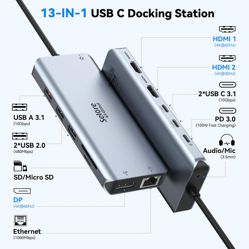 USB C Docking Station Dual Monitor,Selore 13 in 1 USB C Hub 3 Monitors with Dual HDMI,DP,10G USB A/C,100W PD,5 USB A/C Ports,Gigabit Ethernet,Laptop Docking Station for Dell,Hp,Lenovo,MacBook.etc Sliver Gray