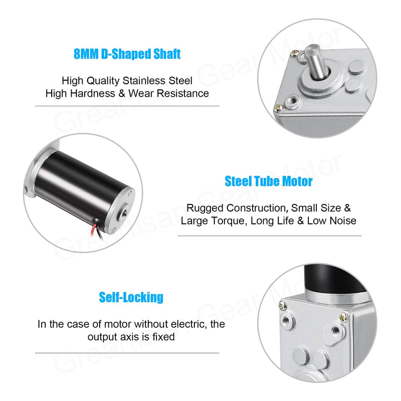 DC 12V 60RPM 7Kg.cm 8mm Single Shaft Self-Locking Reversible Worm Gear Motor with Cable, High Torque Speed Reduction Motor, Turbine Electric Gearbox Motor 12V 60PM