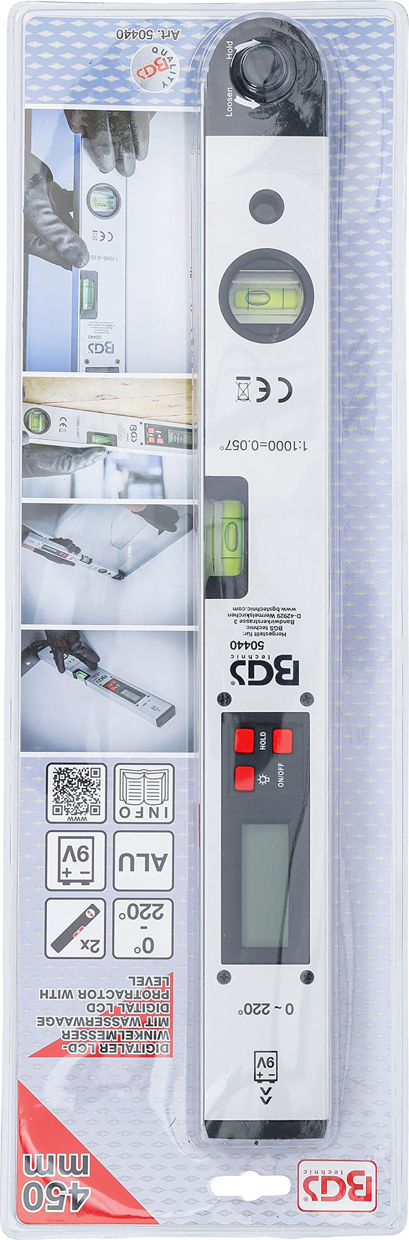 BGS 50440 | Digital LCD protractor with spirit level | 450mm | Angle bevel with locking function | Inclinometer