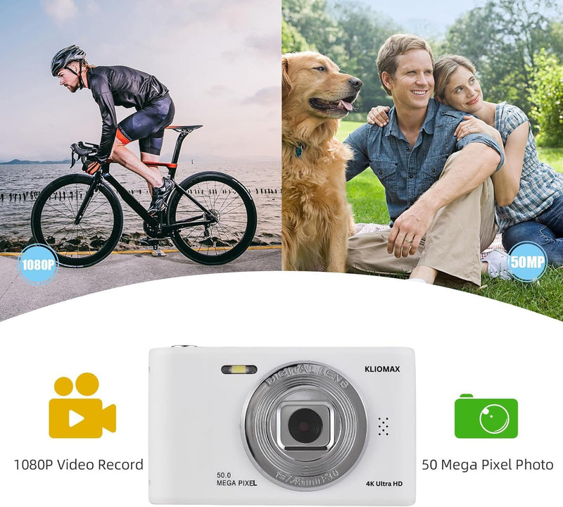 4K Digital Camera, FHD 1080P Kids Camera, 50MP Point and Shoot Camera with 16X Zoom Anti Shake, Compact Portable Small Camera for Girls Boys Teen Student with 32GB Micro SD Card, 1x Batteries White