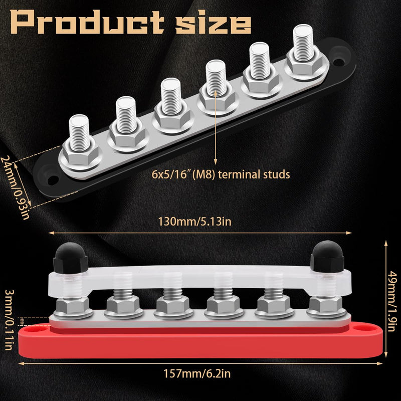 250A 12V Bus Bar Marine 12V - 48V Power Distribution Terminal Block with Cover with 6 x 5/16” (M8) Post,Battery Bus Bar with 6PCS Battery Lugs and 6PCS Heat Shrink Tubing for Car Boat Marine 250A 5/16"