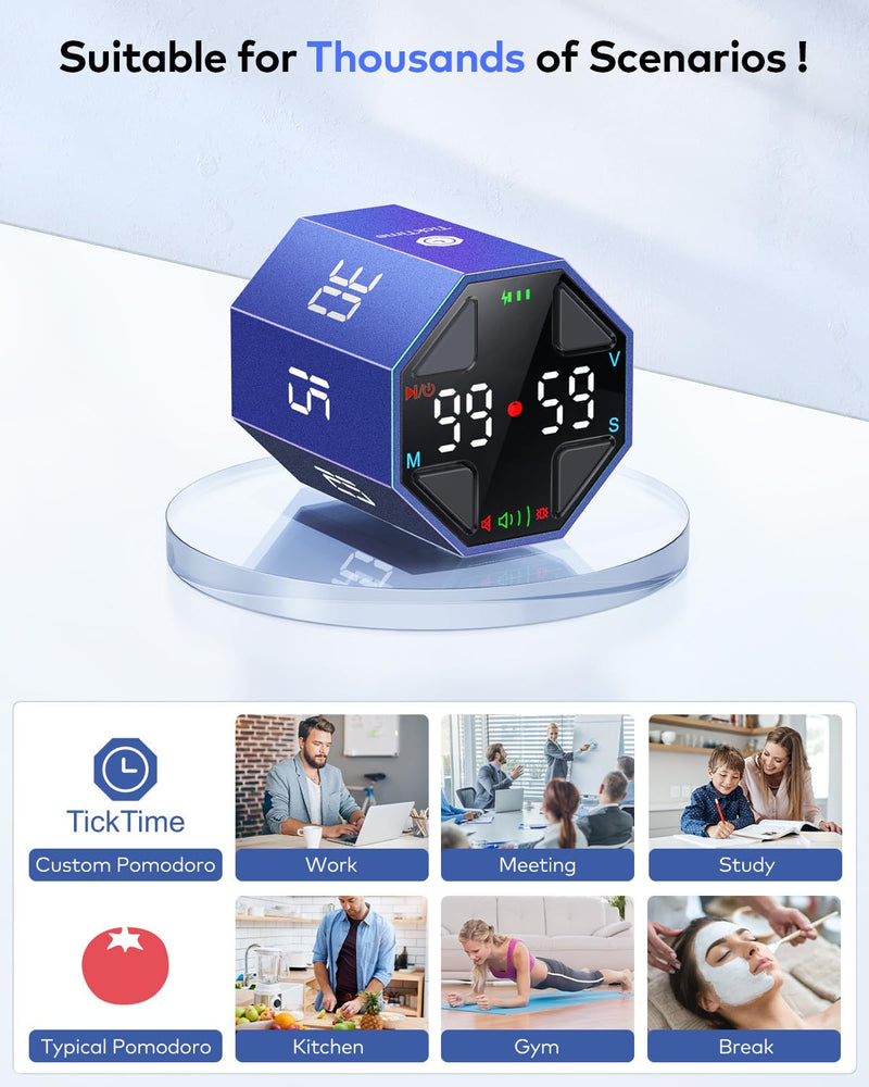 Pomodoro Timer Cube, Custom Pomodoro, Pause & Resume, Silent, Vibrate & Adjustable Sound Alert, for ADHD, Task, Work, Study, 3/5/10/15/30/45/60min & Custom Countdown, Blue