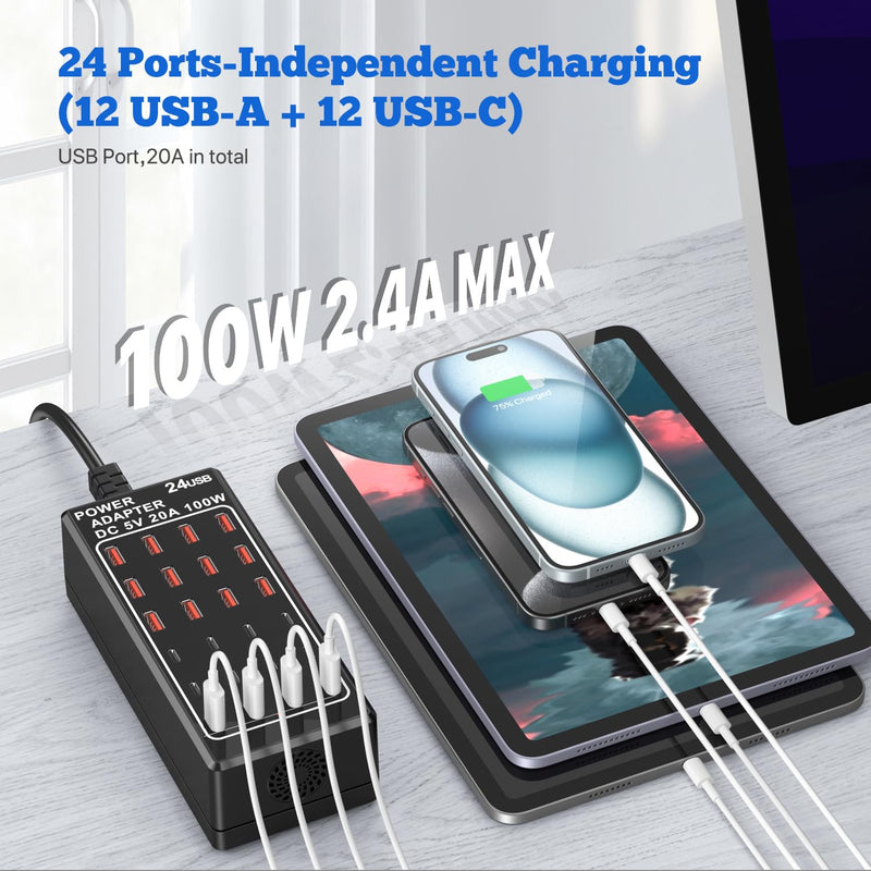 USB Charger 24 Ports, USB Charging Station 24-Port 100W(20A), USB Charger Block, 12 USB A & 12 USB C Ports fast Charger Desktop, Multi-Function Smart Charger for Apple iPhone iPad Samsung Laptop Pixel