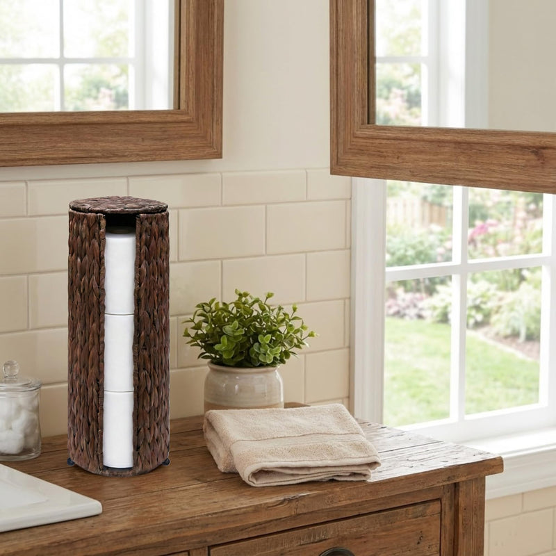 PINXIURY Water Hyacinth Paper Roll Holder, Wicker Toilet Paper Holder Stand for Bathroom, Toilet Roll Holder Stand for Bathroom and Under Sink, 3 Rolls of Toilet Paper Storage, Coffee