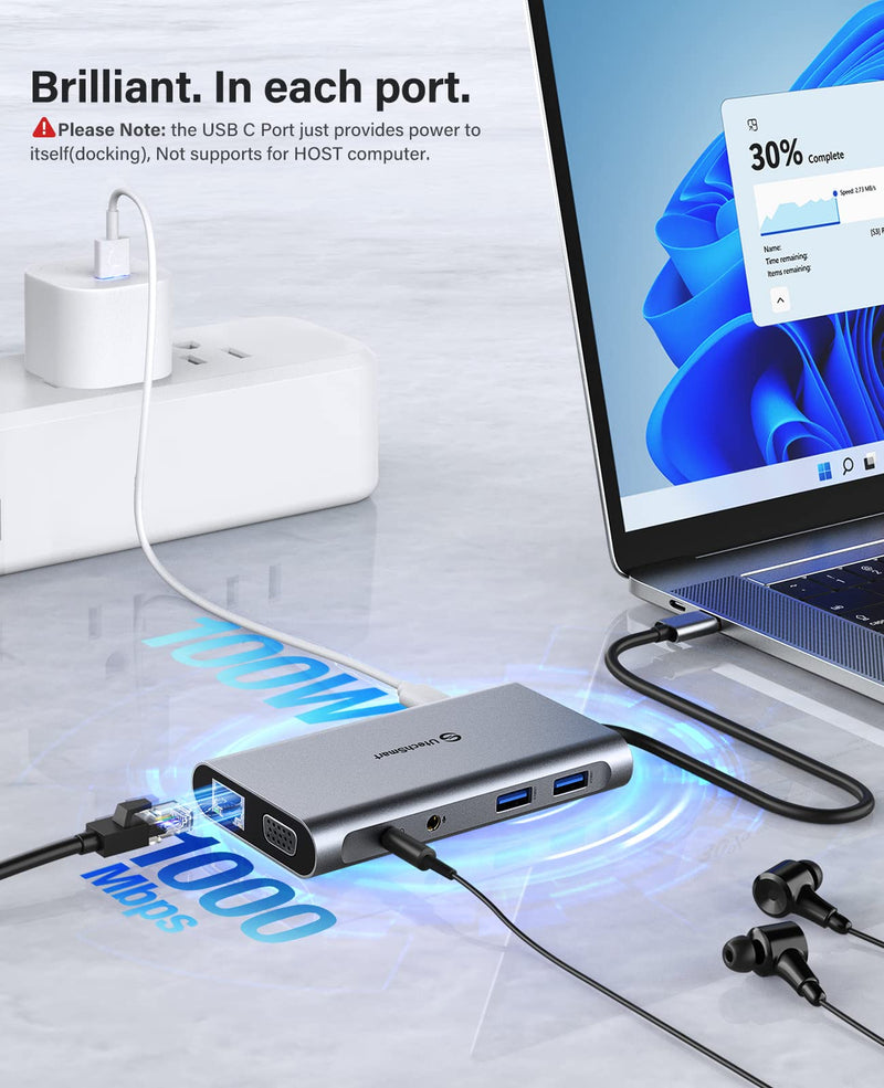 UtechSmart USB Docking Station, 11 IN 1 USB C Dock Triple Display, USB 3.0 Laptop Docking Station with Dual HDMI, VGA, PD, Ethernet, SD/TF, USB 3.0, Mic/Audio, Compatible for MacBook M1 Dell HP Lenovo Grey