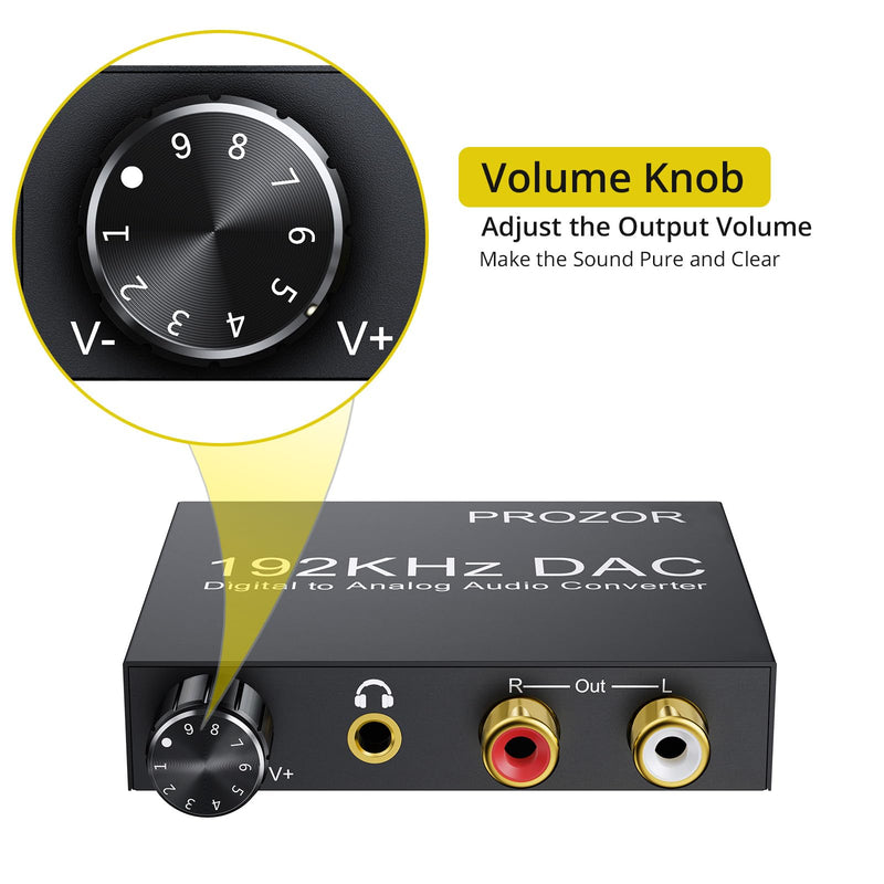 PROZOR 192KHz Digital to Analog Audio Converter - Upgrade Volume Adjustable + RCA Stereo Audio Switch 2 in 1 Out R/L Stereo Audio Switch 1 in 2 Out Stereo Audio Splitter with Mute Button and No Extern