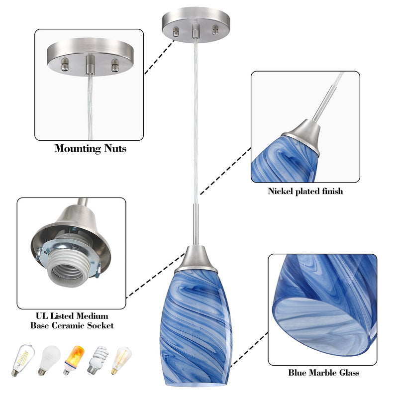 Mini Glass Pendant Light 1Pack Dark Blue Marble Art Glass Pendant Lights Kitchen Island Brushed Nickel Finish Hanging Light for Kitchen Over Sink,Dining Room,Foyer,Hallway 1-Pack