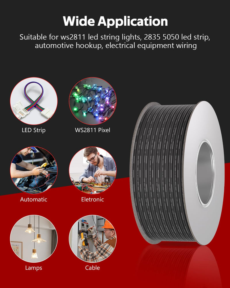 ALITOVE 98.4ft 18AWG Electric Wire 3 Pin 18 Gauge Black Stranded Tinned Copper Cord 18/3 LED Extension Cable for WS2811 Pixel Lights RGB IC 5050 WS2812B Halloween Christmas Light 5~24V DC 3-pin 18AWG 98.4FT