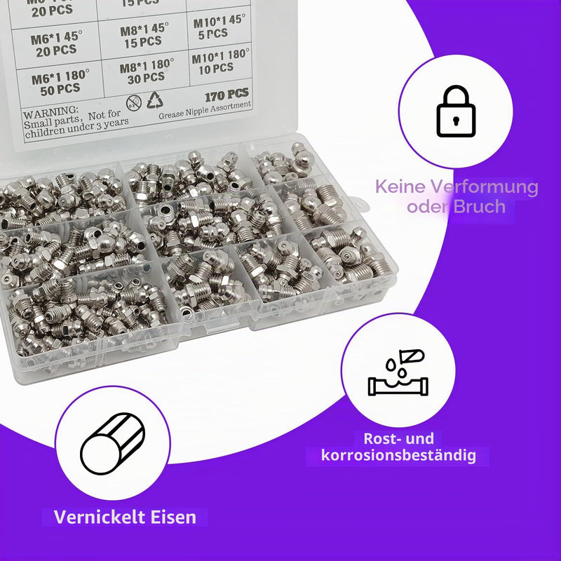 Pack of 260 Grease Nipples Assortment M6 M8 M10 45° 90° 180° | Tapered lubrication nipple with grease nipple caps, nickel-plated iron, for lubricating presses