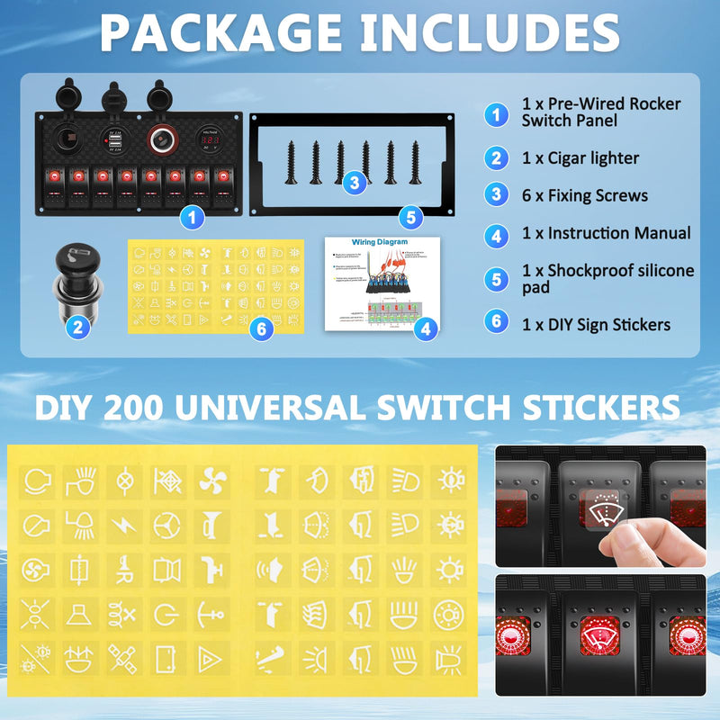 Geloo 8 Gang Marine Rocker Switch Panel, Boat Switch Panel Waterproof, 12V Switch Panel Toggle Switches Panel with LED Circuit Breaker 3.1A USB Charger Voltmeter ON/Off for Car Rvs Vehicles (Red) Red