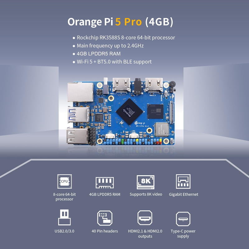 Generic Orange Pi 5 Pro 4GB LPDDR5 8 Core 64 Bit RK3588S Single Board Computer, 8K Video Decoding 2.4GHz Frequency WiFi Bluetooth Open Source Board Run Orange Pi OS, Android, Debian, Ubuntu Pi 5 Pro 4GB+TC Supply