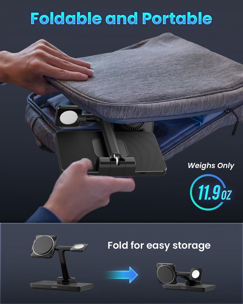 Wireless Charging Station for iPhone Mag-Safe: JoyGeek 3-in-1 Foldable Charger Phone Stand Charge for iPhone 16/15/14/13/12 Pro/Max/Plus - for AirPods - for Apple Watch 2-10/Ultra Carbon Black