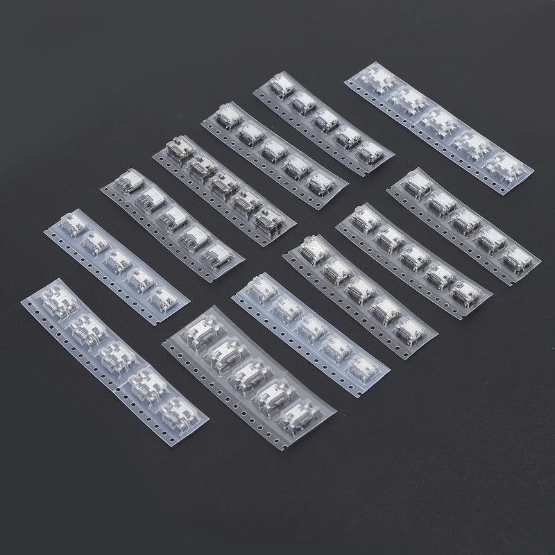 USB SMD connectors, 12 types, 60 pieces, stainless steel micro USB connectors, solderable, stable and trouble-free
