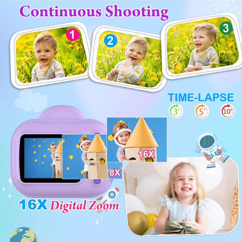 Kids Digital Camera Instant Print, Portable Instant Camera for Girls, Ages 3-10 (Purple) Purple
