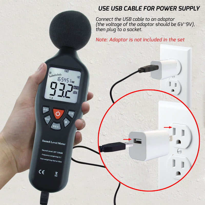 Sound level meter, decibel meter, digital sound level meter 30dB to 130dB with LCD display, A/C weighted, data hold function with CD