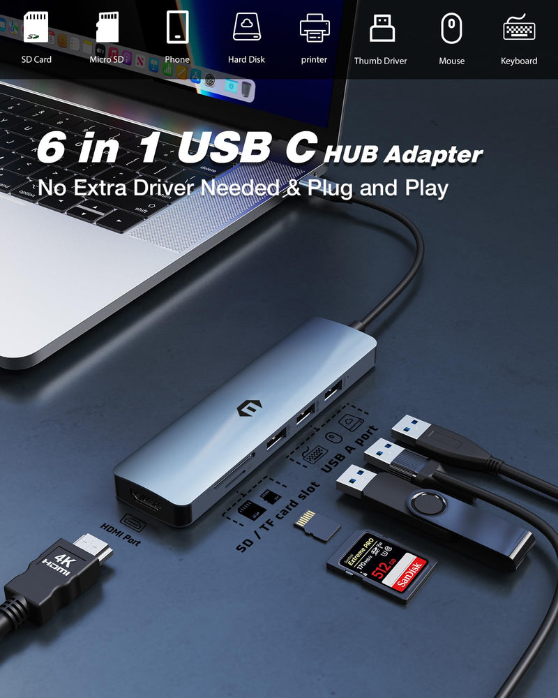 Tymyp 6 in 1 USB C Adapter USB C HUB, Featuring USB 3.0, 4K HDMI, 2 x USB 2.0, SD/TF Card Reader, Docking Station for Laptop Pro/Air Laptops and More