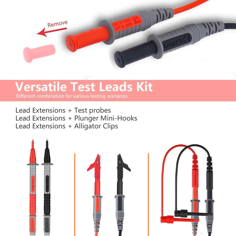 KAIWEETS Soft Silicone Electrician Test Leads Kit CAT III 1000V & CAT IV 600V with Alligator Clips and Needle Probe for Fluke/AstroAI/INNOVA Multimeter Electronic Clamp Meter 9PCS (Pack of 2) 9PCS (Pack of 2)