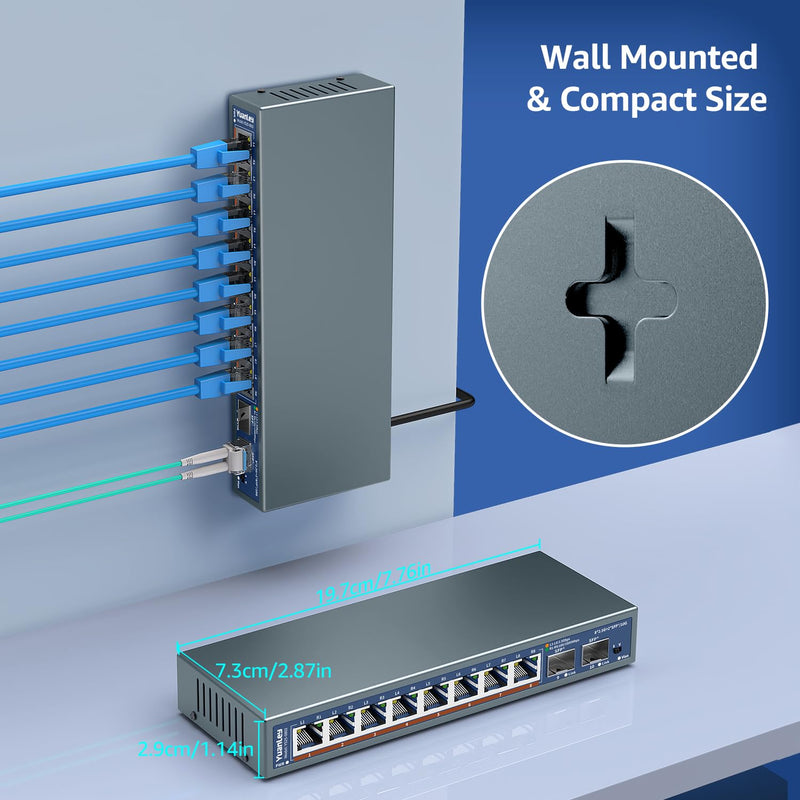 10 Port 2.5G Unmanaged Ethernet Switch, 8 x 2.5G Base-T Ports, 2 x 10G SFP, Compatible with 100/1000/2500Mbps, VLAN, Fanless, Desktop/Wall Mount YuanLey 2.5Gbe Network Switch for Wireless AP, NAS, PC 10 Port | 8x2.5G +2x10G SFP