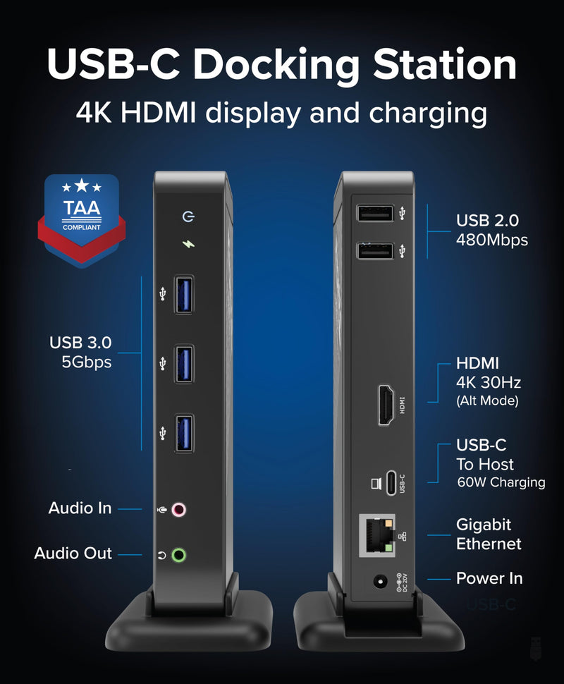 Plugable USB-C Dock – 4K HDMI, 60W Charging, Ethernet, USB 3.0/2.0 Ports – USB-C Docking Station with Power for Windows and Chromebook