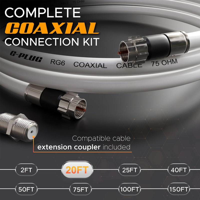 G-PLUG 20FT RG6 Coaxial Cable Connectors Set - High-Speed Internet, Broadband and Digital TV Aerial, Satellite Cable Extension - Weather-Sealed Double Rubber O-Ring and Compression Connectors White