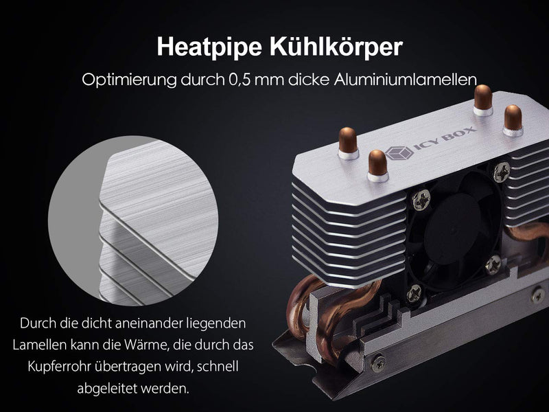 ICY BOX M.2 cooler with fan and heat pipe heatsink for M.2 NVMe & SATA SSD up to 2280, 30 mm fan active, thermal pad included With fan (tower)
