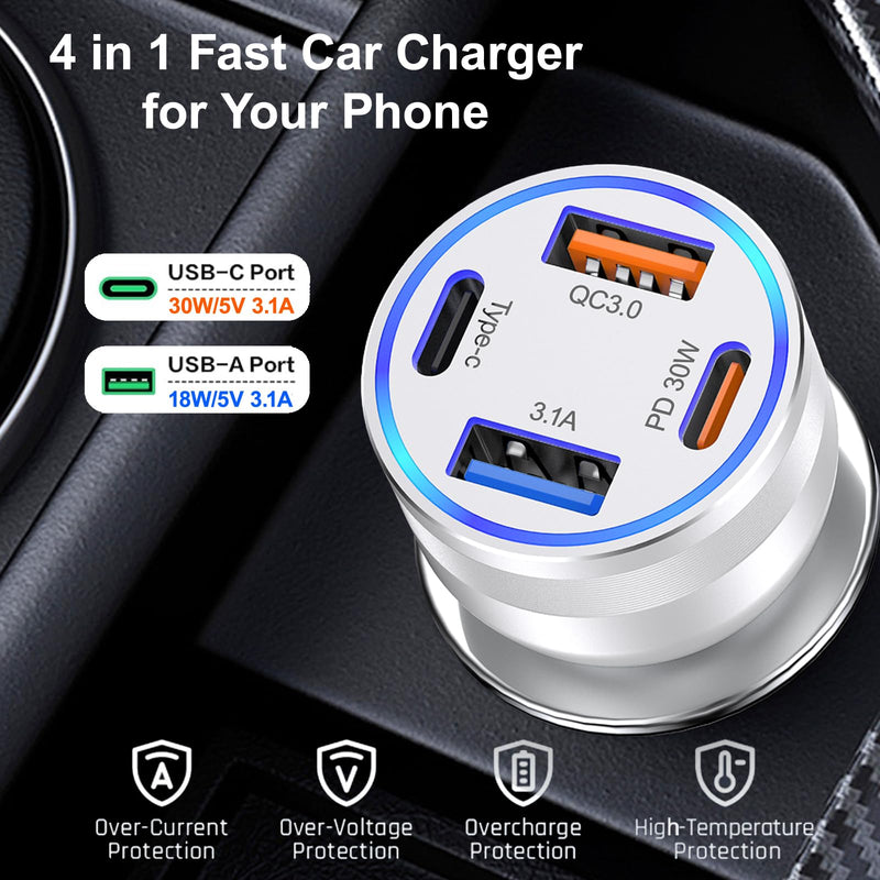 USB C Car Charger Adapter, 2 Pack 65W 4 Ports Super Fast Cigarette Lighter USB Charger, PD3.0 & QC3.0 30W Type C Car Charger for iPhone 15 Pro Max Plus, Samsung Galaxy S24/S23,iPad Pro, Pixel/Moto/LG Silver
