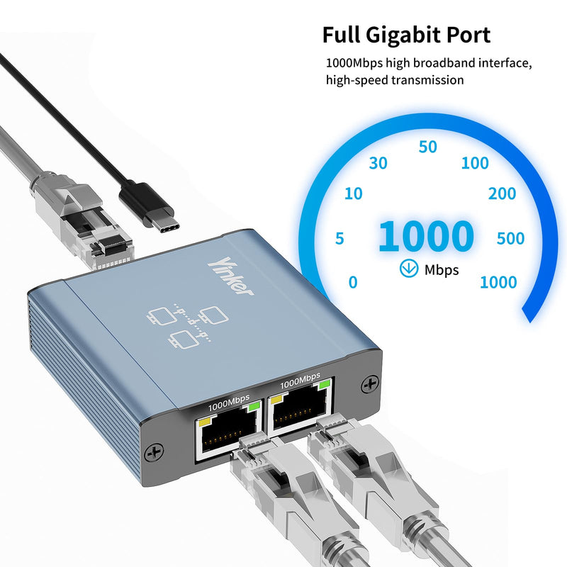 Ethernet Splitter 1 to 2, Gigabit 1000Mbps High-Speed LAN Adapter with Aluminum Housing, USB Powered for Router/TV/Game Consoles, Cat5-Cat8 Cable Compatible 2 Port