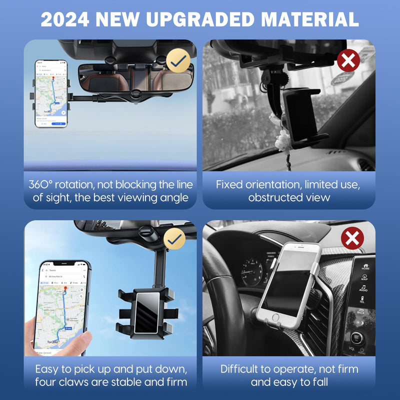 Rearview Mirror Phone Holder For Car, 2024 New Upgraded 360°Rotatable And Retractable Multifunctional Rear View Mirror Phone Holder, Universal Mount, Car Phone Holder Fit For All Phone and Car, blue black