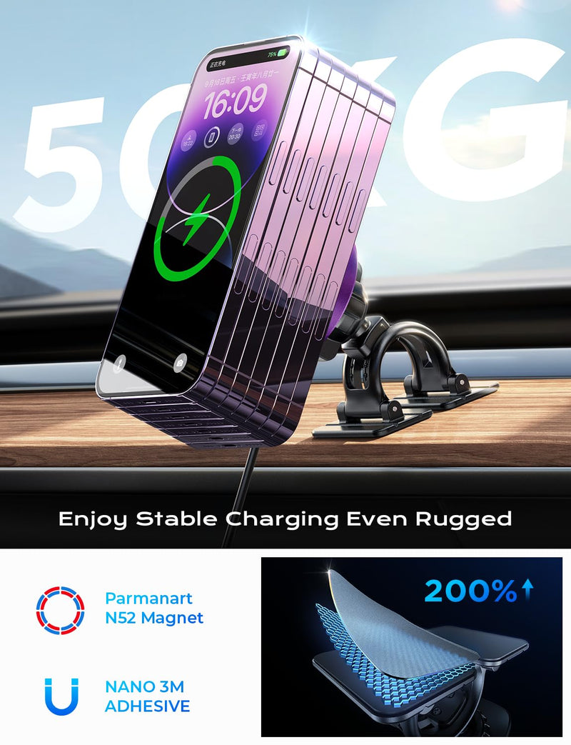 LISEN for Magsafe Car Mount Charger Dash,2 in 1 Magnetic Wireless Car Charger [Strong Magnet&15W] Magsafe Charging Mount Wireless Fast Charging for Magsafe Charger Fits iPhone 15 14 13 12,Purple Purple