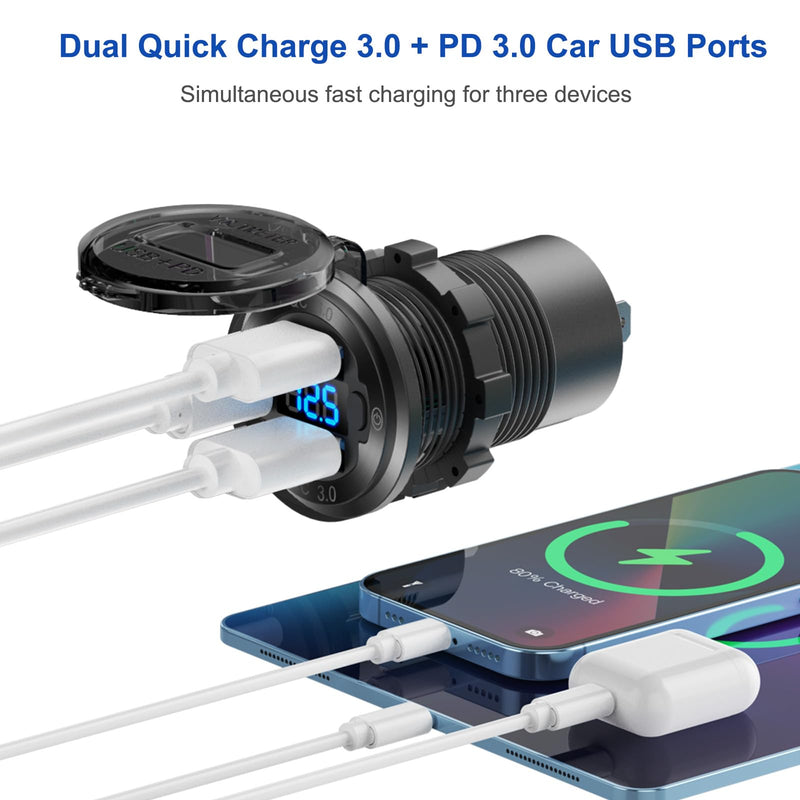 12V USB Outlet Boat Accessories Marine Switch Panel Plug, PD3.0 and Dual QC3.0 USB Ports Aluminum Car Charger with Voltmeter, Lighted 150W Cigarette Lighter Socket and Toggle Switch 3 in 1 DIY Kit