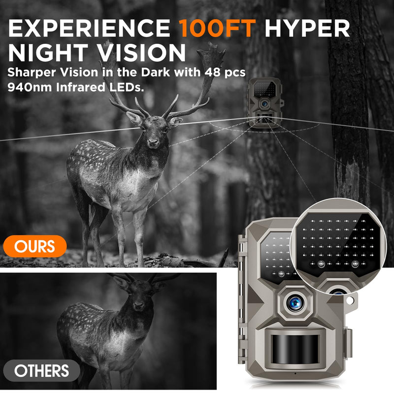 Trail Camera, 4K 48MP Trail Game Camera with Night Vision 0.1s Trigger Motion Activated, IP66 Waterproof Game Camera 130°Wide Angle with 48pcs No Glow LEDs for Outdoor Wildlife Monitoring Brown