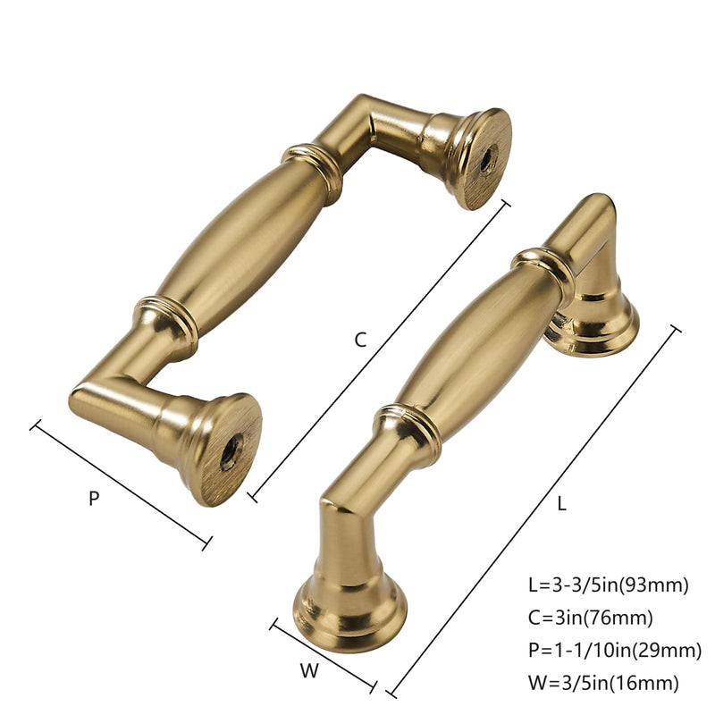 khtumeware 10 Pack 3 Inch(76mm) Brushed Brass Cabinet Pulls Heavy Duty Solid Warm Brass Cabinet Handles Kitchen Brushed Gold Cabinet Hardware for Cupboard Drawer Handles 3"(76mm) Hole Center
