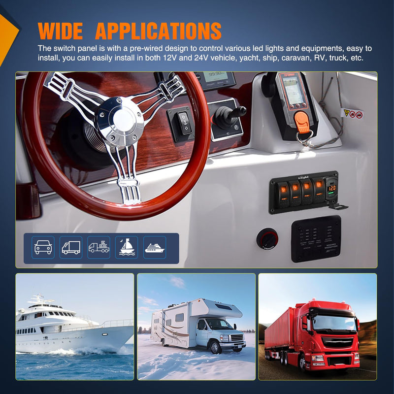 Nilight 4 Gang Rocker Switch Panel with PD Type C and USB Charger Voltmeter 12V SPST ON Off Toggle Switches with Orange Backlit Waterproof Aluminum for Boats Cars RVs Trucks Amber 5 Gang Type C +USB