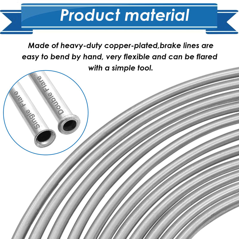 3/16inch x 25 ft Brake Line Tubing Kit Flexible Zinc Coated Alloy Brake Line Tubing Coil with 16 Inverted Flare Fittings SAE Standard 3/16 Silver Brake Line