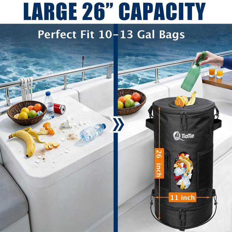 Boat Trash Can with 5.5in PVC Cross Opening, Large 26" Marine Garbage Bag for Pontoon, Fishing & Kayak Boats, 1680D Waterproof/Windproof Boat Trash Bag with Storage Pockets (Black) Black