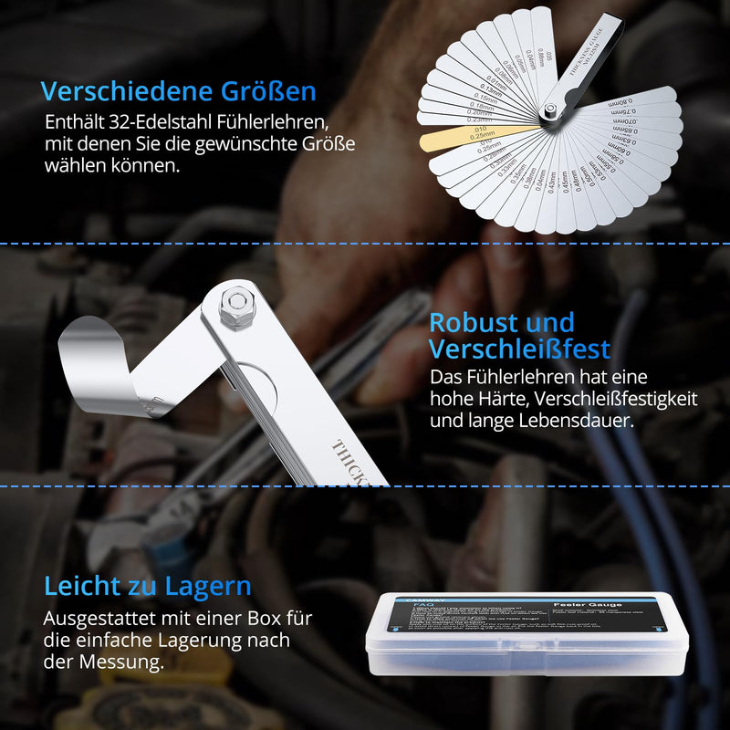 CAMWAY Stainless Feeler Gauge, 32 Blades Stainless Steel Blades High Precision Feeler Gauge Metric / Imperial Tool for Measuring Gap Width/Thickness/Metric Sizes, 0.04-0.88 mm 32 Klingen Fühlerlehren