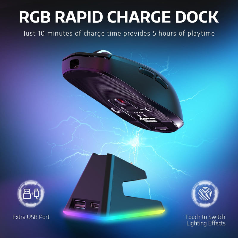 x Attack Shark X6 Wireless Gaming Mouse with RGB Charging Dock, 49g Ultralight, PixArt PAW3395 26000 DPI, 2.4G/Wired/Bluetooth, G502 200Hrs Battery Programmable Mice for Win/Mac - Black Mouse&Tape&Base