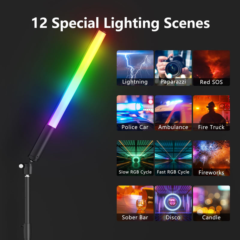 RGB LED Light Wand with Remote Control, Handheld 360°RGB Video Light Wand Stick for Photography, 2500mAh Built-in Rechargable Cube Light, 2500-6500K Dimmable Camera Light w LCD