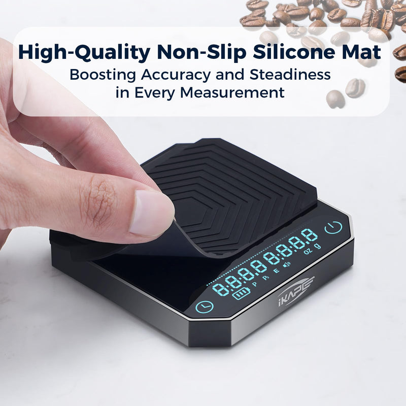 IKAPE Mini Digital Coffee Scale with Timer, 2kg/0.1g Precision, Rechargeable, Drip Espresso & Pour-Over, Tare Function, LED Display (Black)