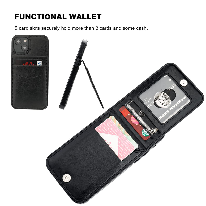 KIHUWEY Compatible with iPhone 14 Case Wallet with Credit Card Holder, Flip Premium Leather Magnetic Clasp Kickstand Heavy Duty Protective Cover for iPhone 14 6.1 Inch (Black) Black