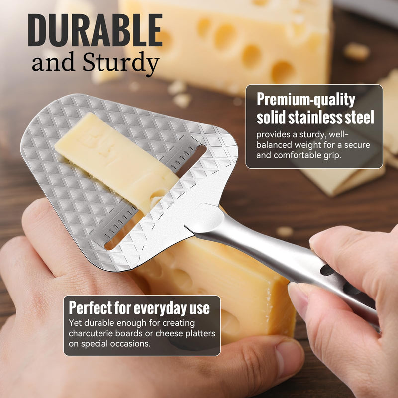 Premium Cheese Slicer for All Types of Cheese – Multi-Functional Stainless Steel Handheld Cheese Cutter – Quilted Pattern to Reduce Resistance, Non-Stick, Ergonomic Grip & Dishwasher Safe