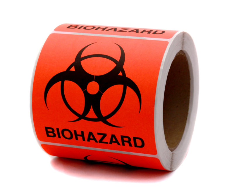 ChromaLabel 4 x 4 Inch Fluorescent Red Orange Biohazard Warning Stickers, 250 Labels per Roll