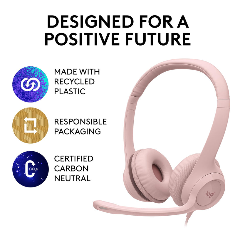 Logitech H390 Wired Headset for PC/Laptop, Stereo Headphones with Noise Cancelling Microphone, USB-A, in-Line Controls for Video Meetings, Music, Gaming and Beyond - Rose 1 Pack