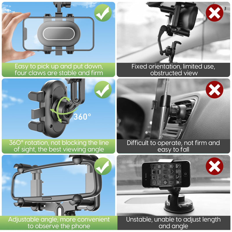 Rear View Mirror Phone Holder For Car - Multifunctional 360 Rotatable Car Rearview Mirror Phone Holder, With Retractable Curved Handle, Fixed At Four Corners, Car Phone Holder For All Phone Bendable black