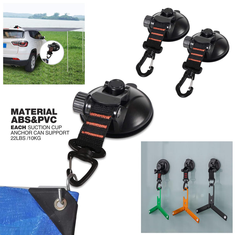 2 Pack Suction Cup Hooks Anchor Heavy Duty Camping Tie Down Hook Buckle for RV Car Tent Awning Tarp Canopy Mount to Glass Roof Door Window Outdoor Camper