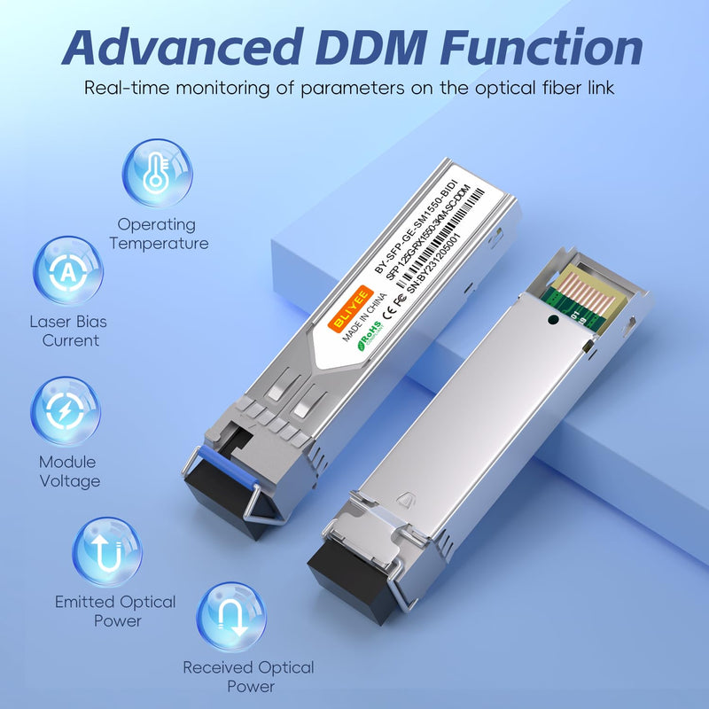 1 Pair 1.25G Single Mode SFP LC Module | 1000Base BiDi Fiber Transceiver | LC Simplex Connector | 20KM | SMF | 1310/1550nm | DDM for Cisco GLC-LH-SMD, Ubiquiti, Netgear, D-Link, Supermicro