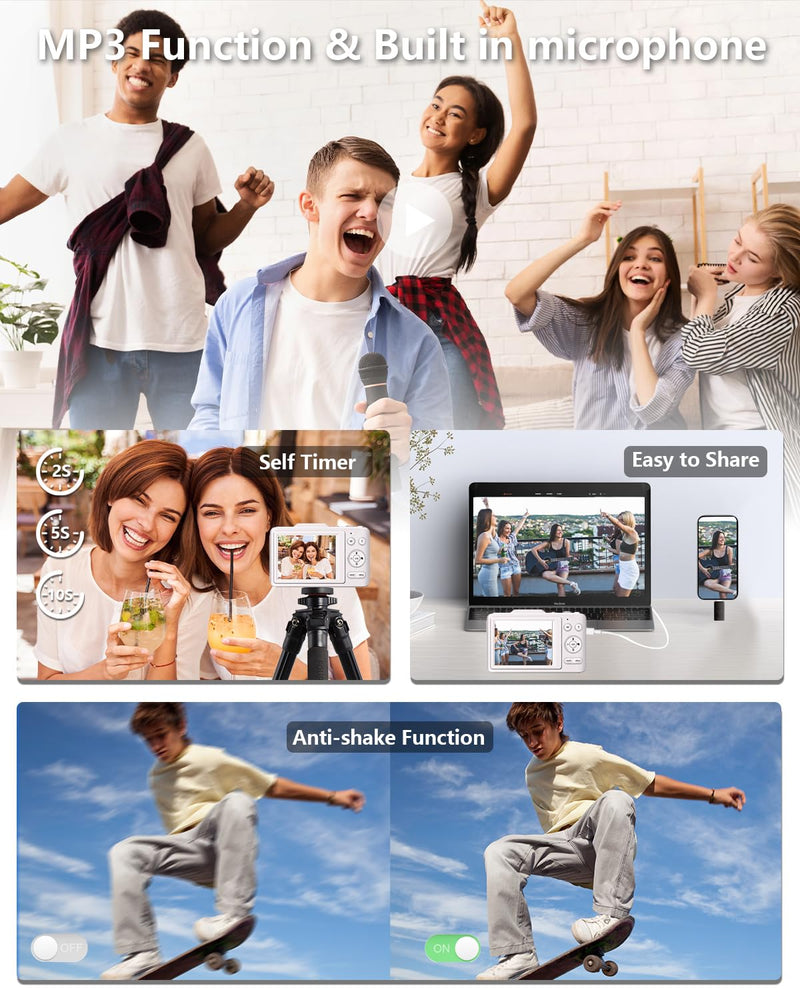 Digital Camera, FHD 1080P Kids Camera Digital with 16x Zoom Anti Shake, 32GB Card, 4K 48MP Portable Compact Point and Shoot Cameras, Vintage Small Camera for Teens Beginner Kids Present White