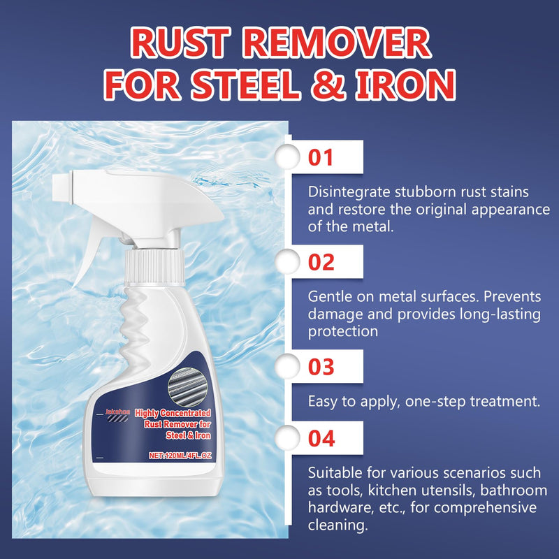 Heavy-Duty Metal Rust Remover,Powerful Rust Removal,Rust Stain Remover Heavy Duty,Anti-Rust Converter Spray,Stainless Steel Rust Remover,Multipurpose Rust Remover Spray for Various Metals (120ml)