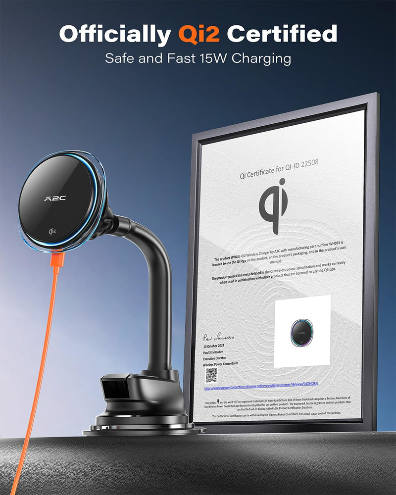 A2C for Qi2 15W MagSafe Car Mount Charger, Magnetic Phone Holder for Car Windshield/Dash - Semiconductor Cooler, LED Indicator, Fast Charging Wireless Car Charger for iPhone 17 16-12 [with PD Adapter]